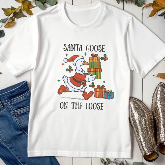 Funny Christmas Graphic Tee Silly Goose Holiday T-Shirt Whimsi Adorable Top - Picture 2 of 4
